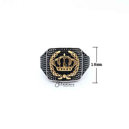 Stainless steel men's ring by Glitters featuring an antiqued crown tone eagle casting design.