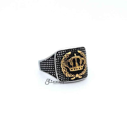 Stainless steel men's ring with antiqued crown tone eagle casting design by Glitters, showcasing detailed eagle engraving.