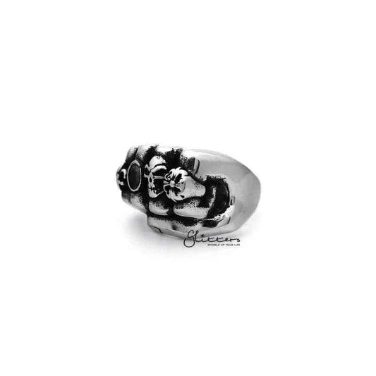 Stainless steel antiqued fist casting men's ring by Glitters, featuring a bold, detailed fist design on a polished metal band.
