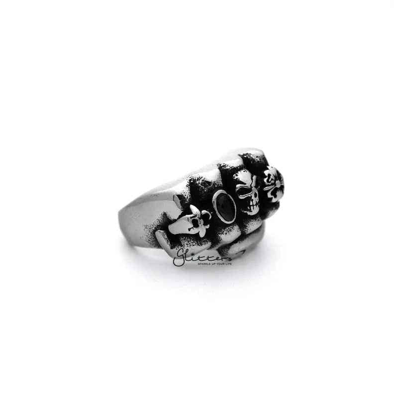Stainless steel antiqued fist casting men's ring by Glitters featuring detailed fist design and metallic finish.