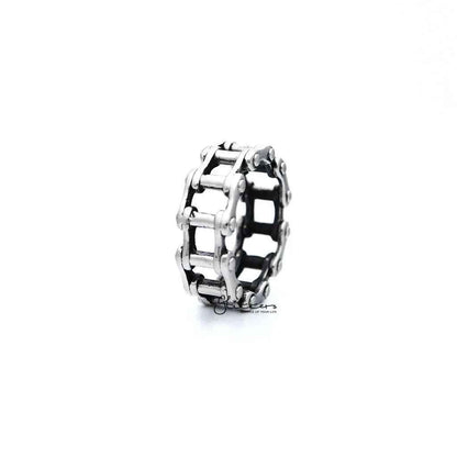 Stainless steel antiqued motorcycle chain casting men's ring by Glitters, featuring rugged, detailed design and polished finish.