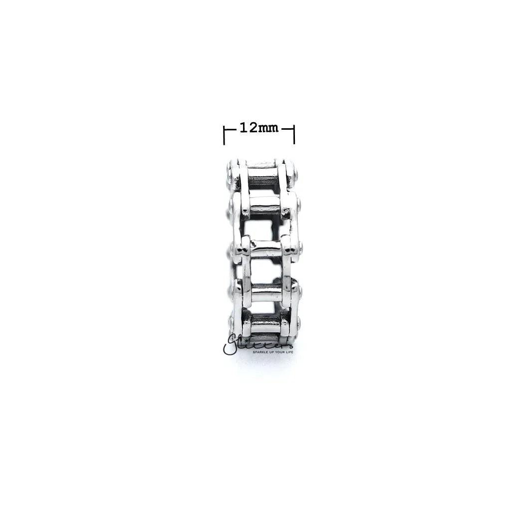 Stainless steel antiqued motorcycle chain casting men's ring by Glitters, featuring a rugged, detailed design for masculine style.
