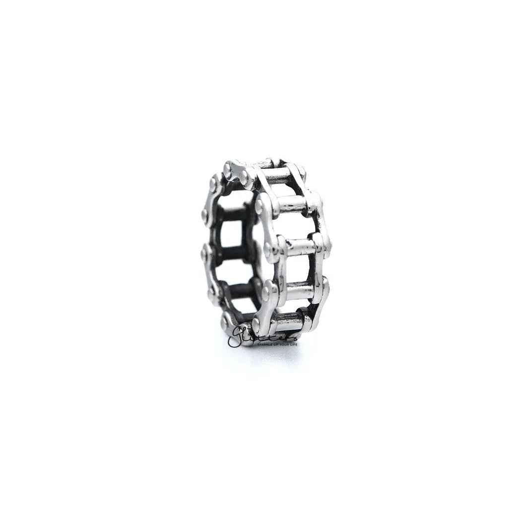 Stainless steel antiqued motorcycle chain casting men's ring by Glitters, featuring a rugged, detailed motorcycle chain design.