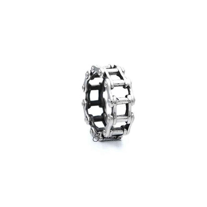 Stainless steel antiqued motorcycle chain casting men's ring by Glitters, featuring a rugged, detailed motorcycle chain design.