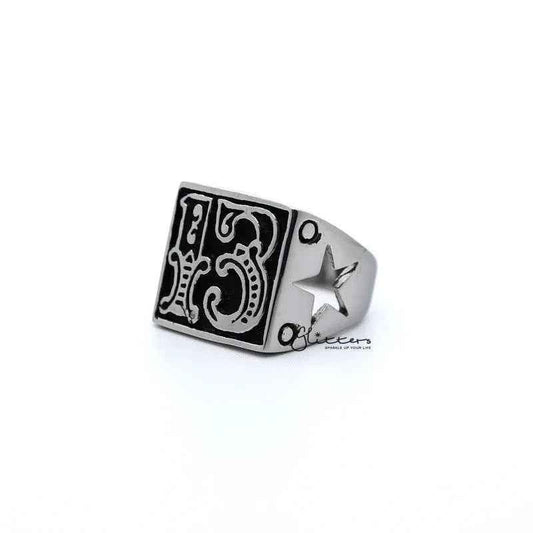 Stainless steel men's ring with antiqued number 13 casting design by Glitters, showcasing a bold, vintage style.