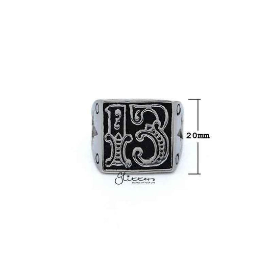 Stainless steel men's ring with antiqued number 13 casting, from Glitters, featuring detailed metalwork and a bold design.