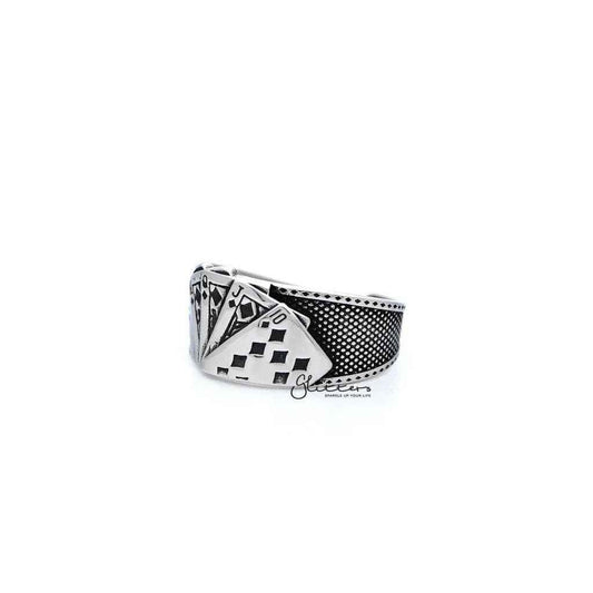 Stainless steel antiqued poker cards casting men's open ring by Glitters, featuring detailed poker card design and metallic finish.