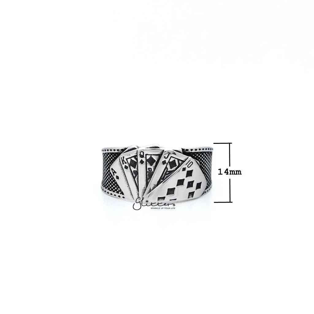 Stainless steel Glitters men's open ring featuring antiqued poker cards casting design, stylish and bold jewelry piece.