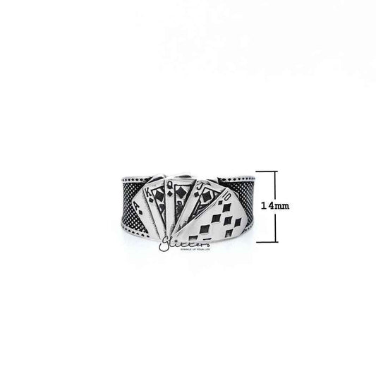 Stainless steel Glitters men's open ring featuring antiqued poker cards casting design, stylish and bold jewelry piece.
