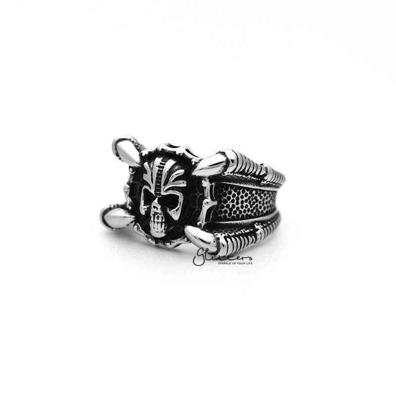 Antiqued stainless steel skull head with four claws, men's ring by Glitters, detailed casting jewelry with a bold, edgy design