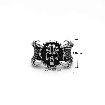 Stainless steel men's ring featuring an antiqued skull head with four claws, crafted by Glitters.