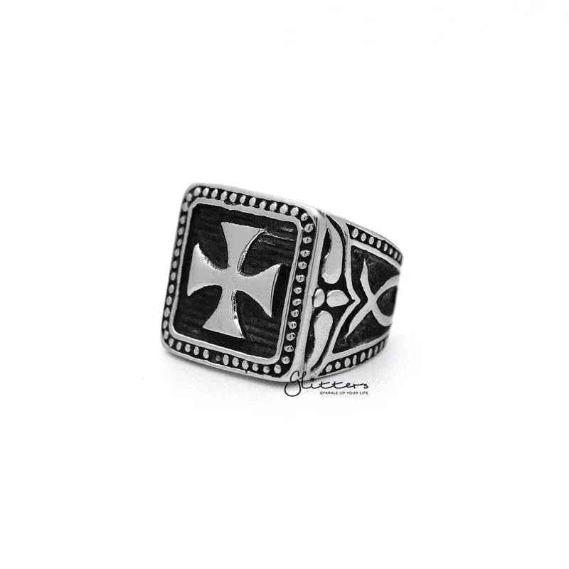 Stainless steel antiqued square cross casting men's ring by Glitters, featuring a bold geometric design on a polished band.