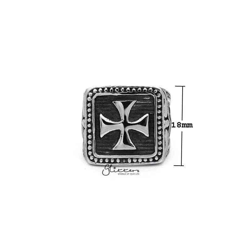 Stainless steel men's ring with antiqued square cross design from Glitters, featuring a bold, polished finish.