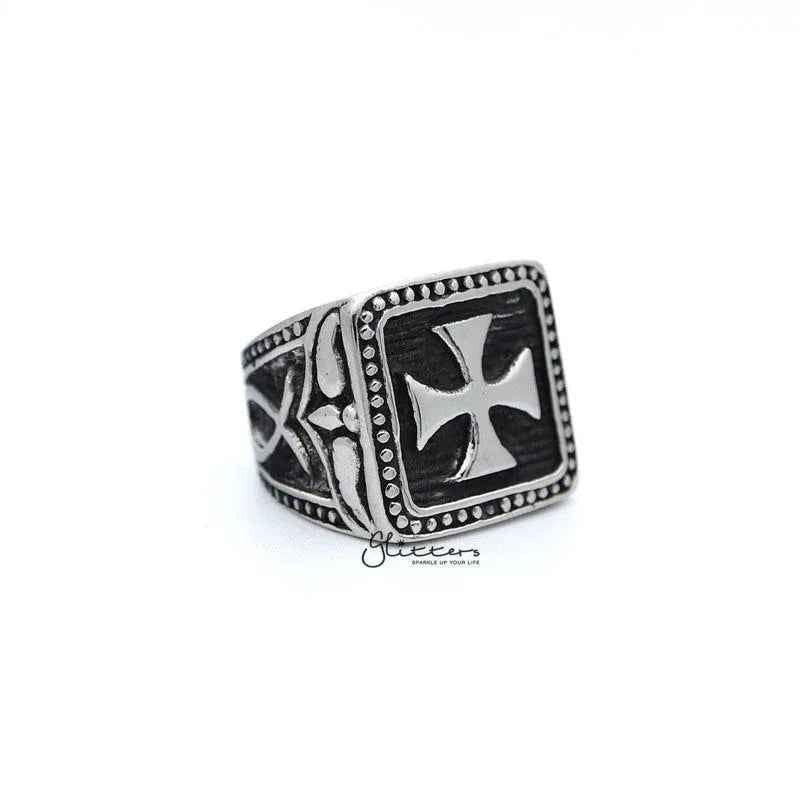 Stainless steel antiqued square cross men's ring by Glitters, featuring a bold cross design and polished finish.