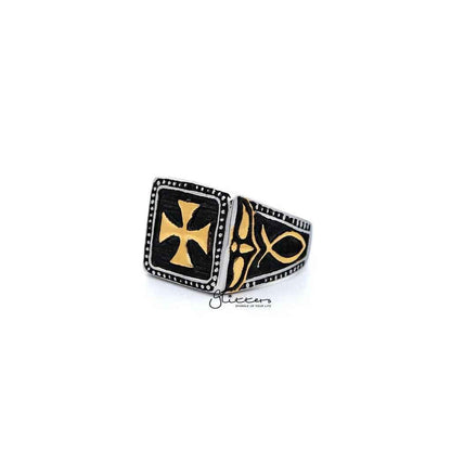 Stainless steel antiqued two-tone cross casting men's ring with detailed design, crafted by Glitters.
