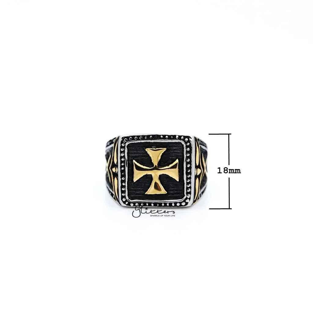 Stainless steel antiqued two-tone cross casting men's ring with detailed design, from Glitters, showcasing a stylish and durable jewelry piece.