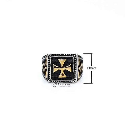 Stainless steel antiqued two-tone cross casting men's ring with detailed design, from Glitters, showcasing a stylish and durable jewelry piece.