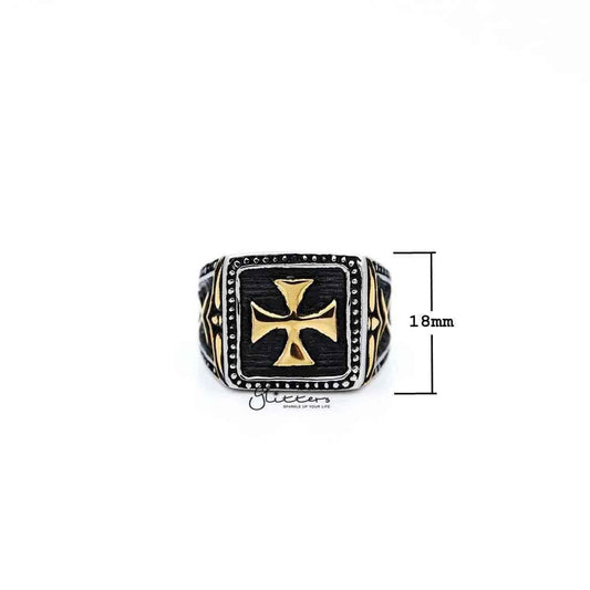 Stainless steel antiqued two-tone cross casting men's ring with detailed design, from Glitters, showcasing a stylish and durable jewelry piece.