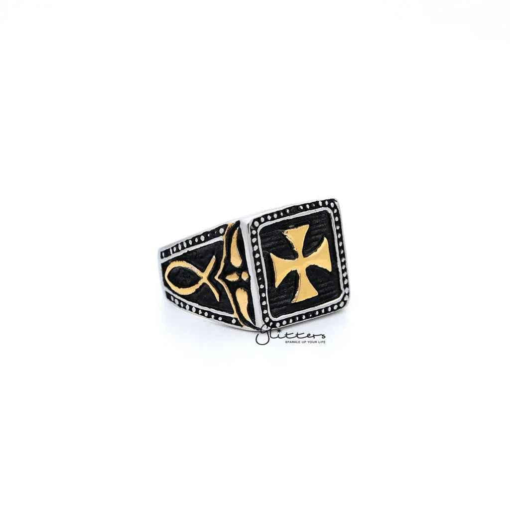 Stainless steel men's ring with antiqued two-tone cross casting design by Glitters, showcasing intricate metalwork and contrasting finish.