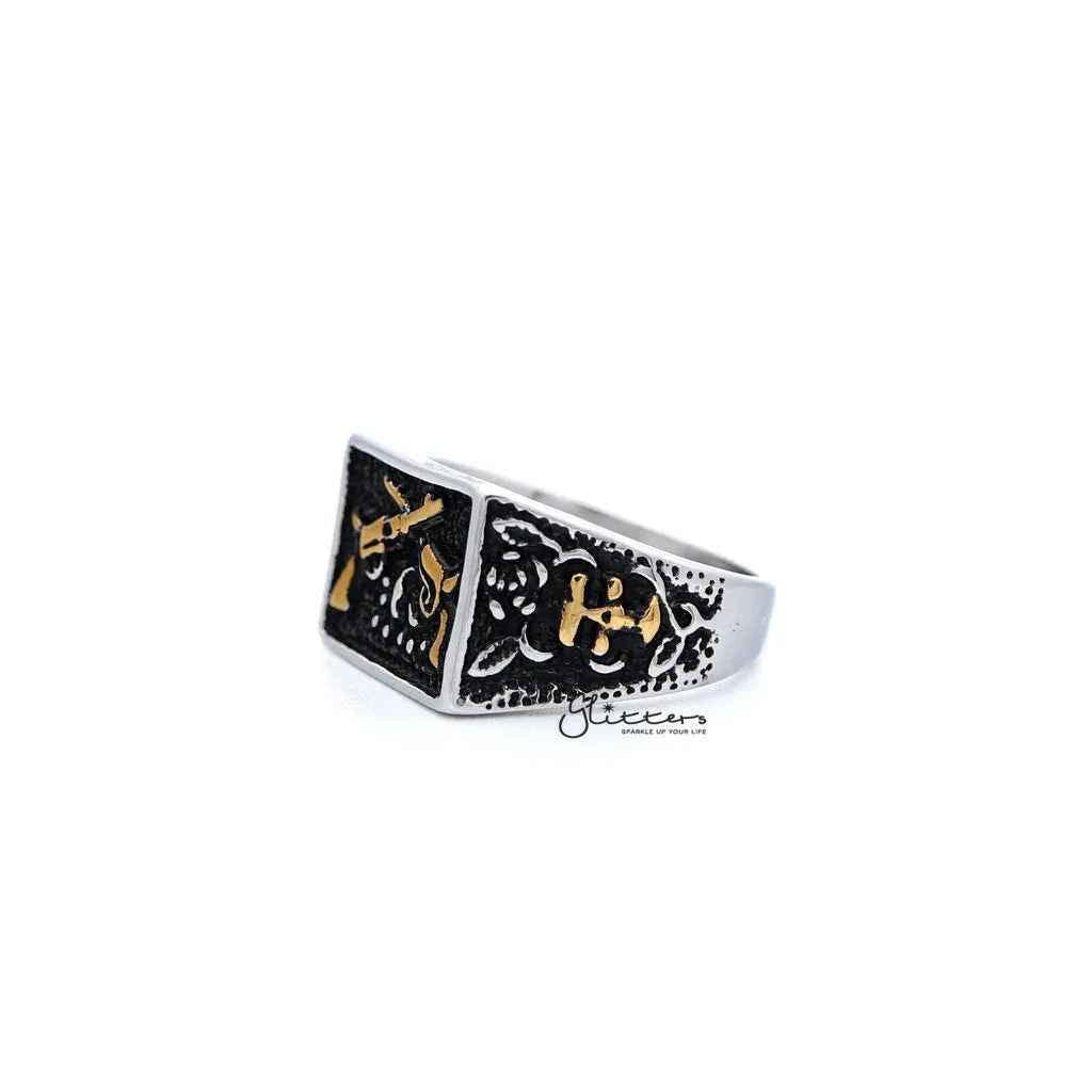 Stainless steel men's ring by Glitters featuring antiqued two-tone square design with crossed guns detail.