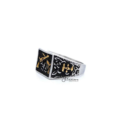 Stainless steel men's ring by Glitters featuring antiqued two-tone square design with crossed guns detail.
