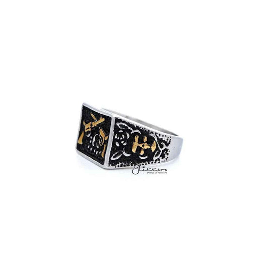 Stainless steel men's ring by Glitters featuring antiqued two-tone square design with crossed guns detail.