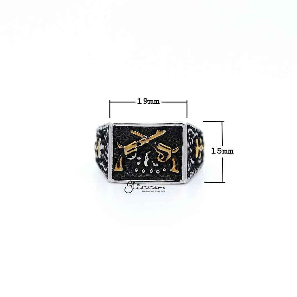 Stainless steel men's ring with antiqued two-tone square design and crossed guns casting, by Glitters.