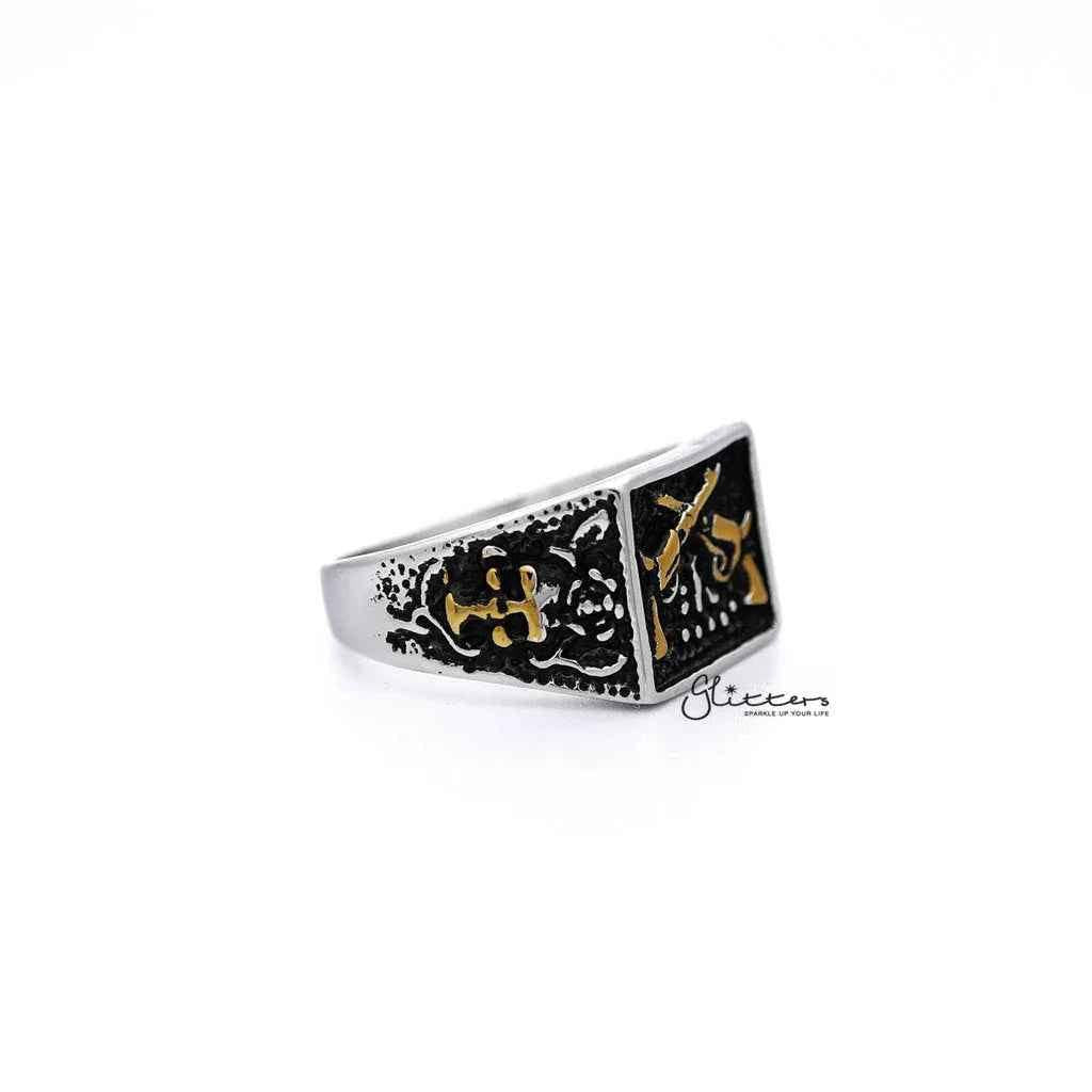Stainless steel men's ring with antiqued two-tone square design and crossed guns casting, by Glitters.