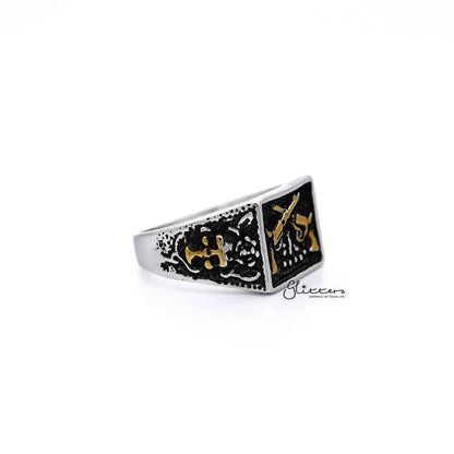 Stainless steel men's ring with antiqued two-tone square design and crossed guns casting, by Glitters.
