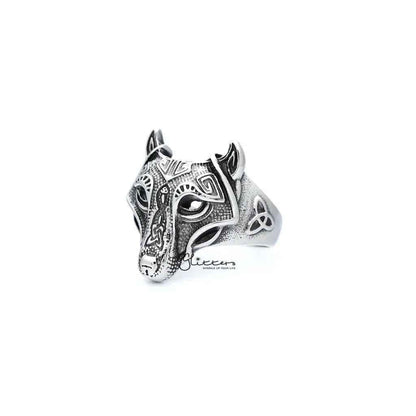Stainless steel men's ring with antiqued wolf head casting design, by Glitters, featuring detailed wolf motif on the band.