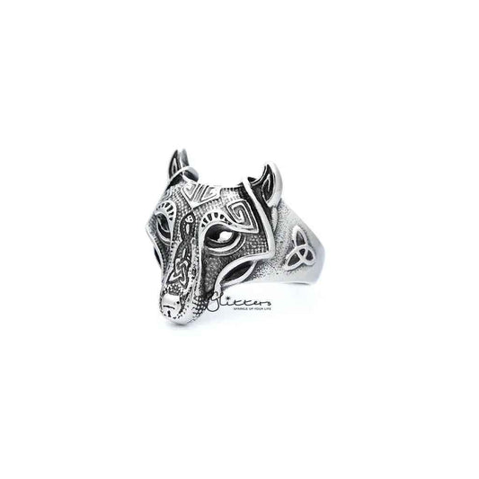 Stainless steel men's ring with antiqued wolf head casting design, by Glitters, featuring detailed wolf motif on the band.