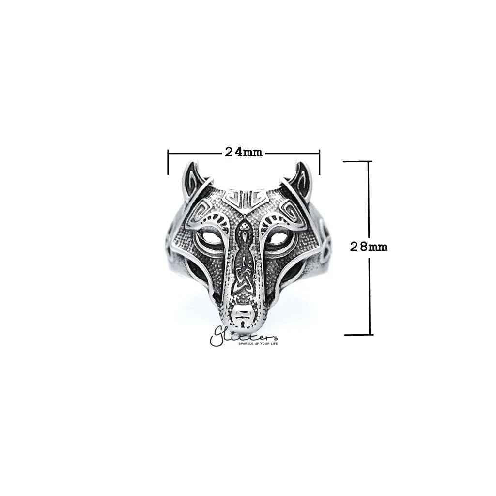 Antiqued stainless steel wolf head casting men's ring by Glitters, detailed wolf design with textured finish.