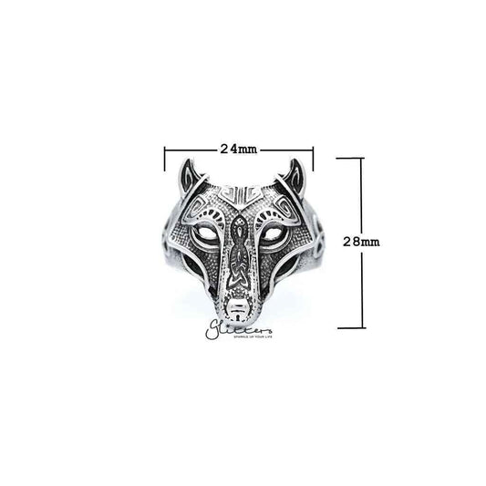 Antiqued stainless steel wolf head casting men's ring by Glitters, detailed wolf design with textured finish.