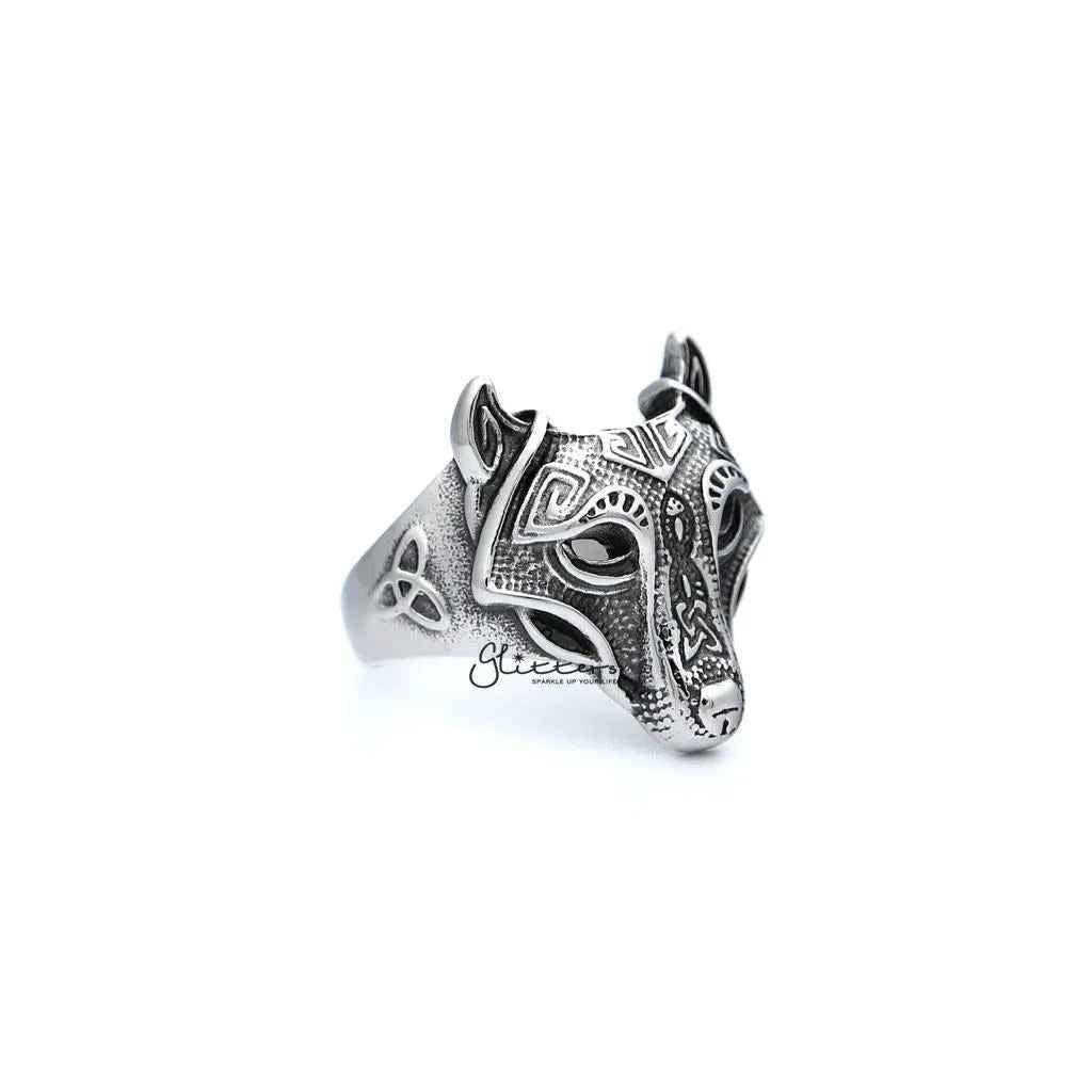 Stainless steel men's ring with antiqued wolf head casting, detailed wolf design, from Glitters stainless steel rings collection.