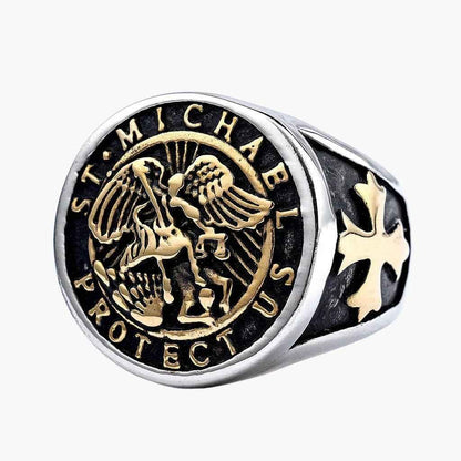 Stainless steel Archangel Saint Michael ring by Glitters featuring detailed angelic design and polished finish.