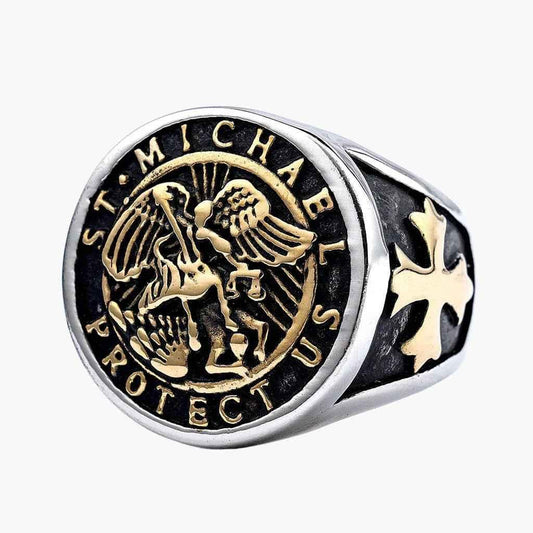 Stainless steel Archangel Saint Michael ring by Glitters featuring detailed angelic design and polished finish.