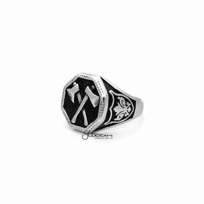 Stainless steel men's ring with hexagon-shaped casting design by Glitters, showcasing a sleek, modern style.