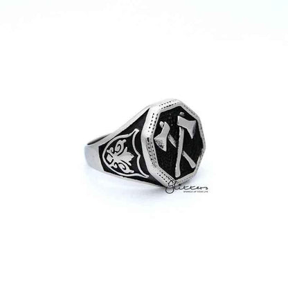 Stainless steel men's ring by Glitters featuring a hexagon-shaped casting design, showcasing a sleek and modern style.