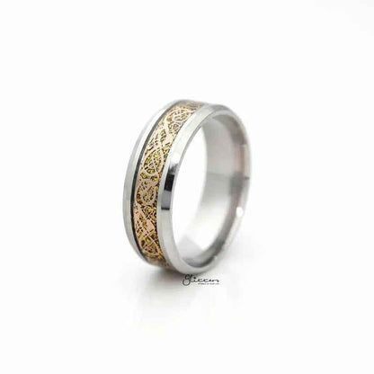Stainless steel beveled edge band ring by Glitters with a gold stripe pattern and sleek, modern design.
