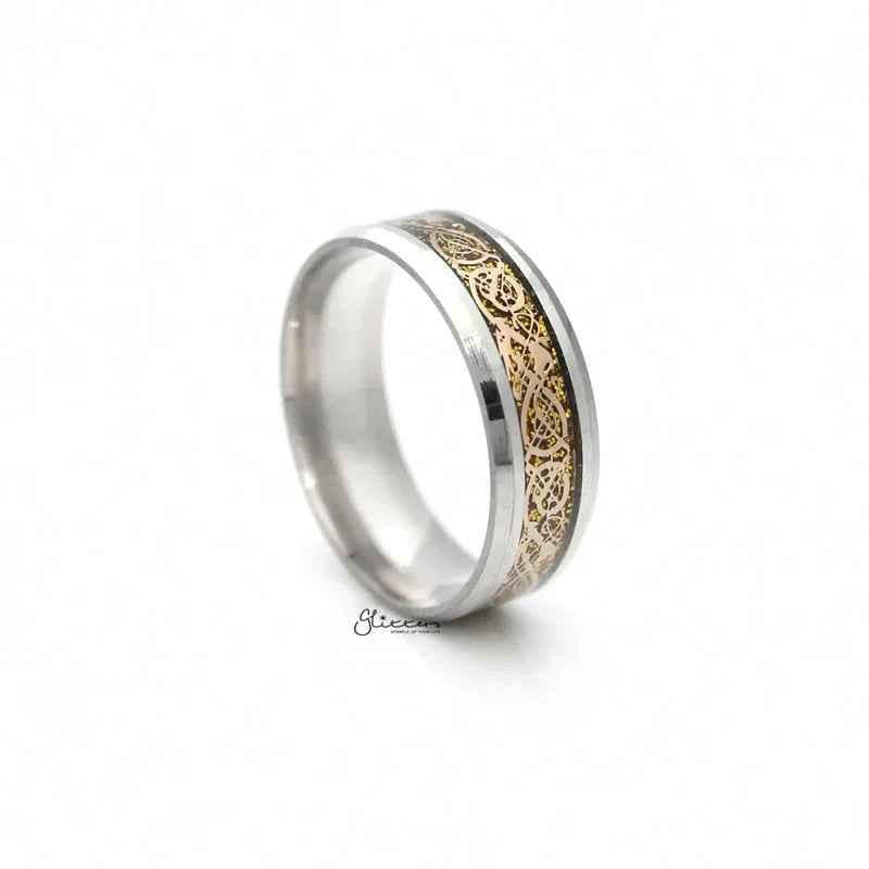 Stainless steel beveled edge band ring with gold stripe pattern from Glitters, showcasing a sleek, modern design.