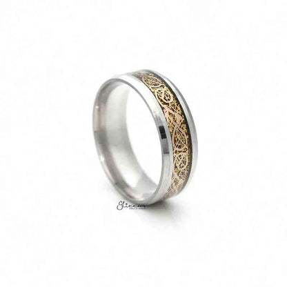 Stainless steel beveled edge band ring with gold stripe pattern from Glitters, showcasing a sleek, modern design.