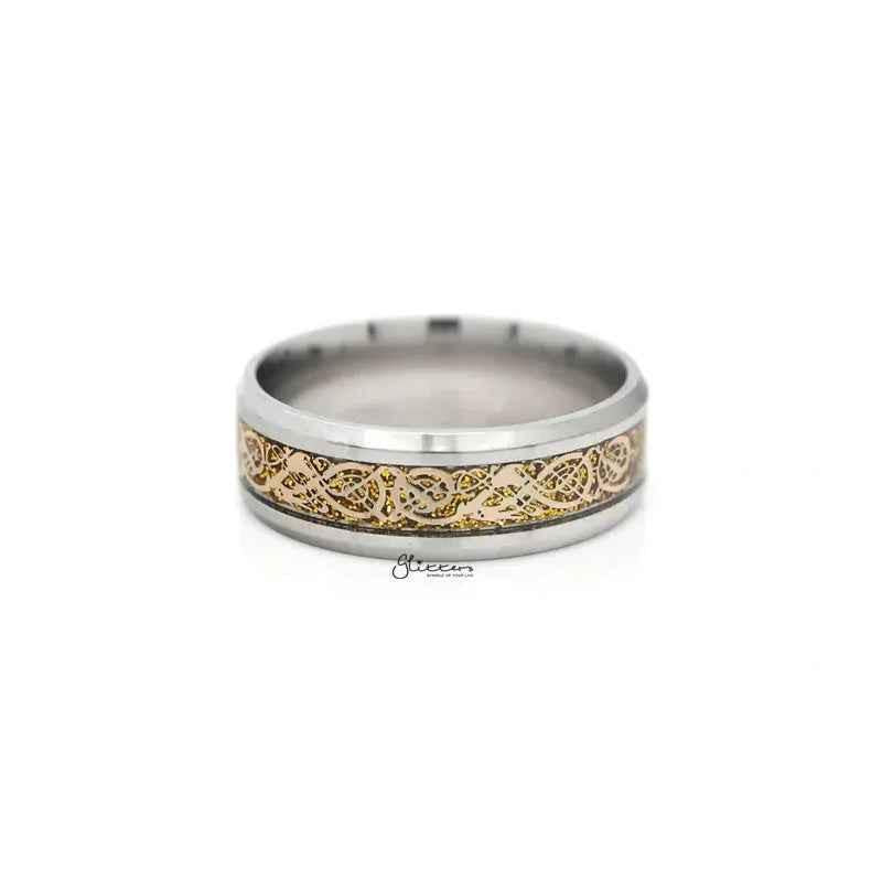 Stainless steel beveled edge band ring with gold stripe pattern, stylish jewelry by Glitters.