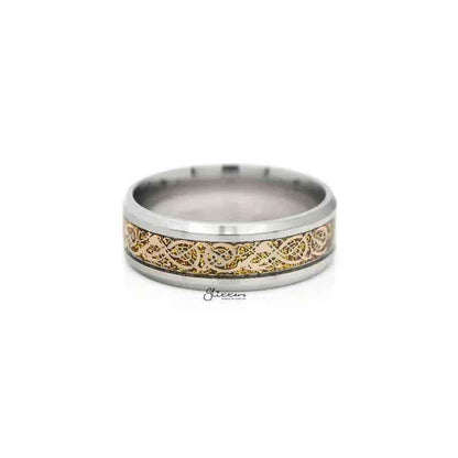 Stainless steel beveled edge band ring with gold stripe pattern, stylish jewelry by Glitters.