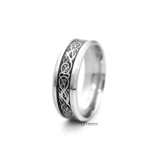 Stainless steel beveled edge band ring with stripe pattern, stylish men's jewelry from Glitters.