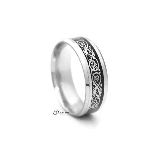 Stainless steel beveled edge band ring with stripe pattern, durable and stylish jewelry by Glitters.