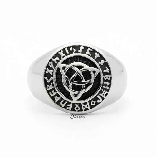 Stainless steel Celtic Trinity Knot Rune Signet Ring with engraved knot design, crafted by Glitters.