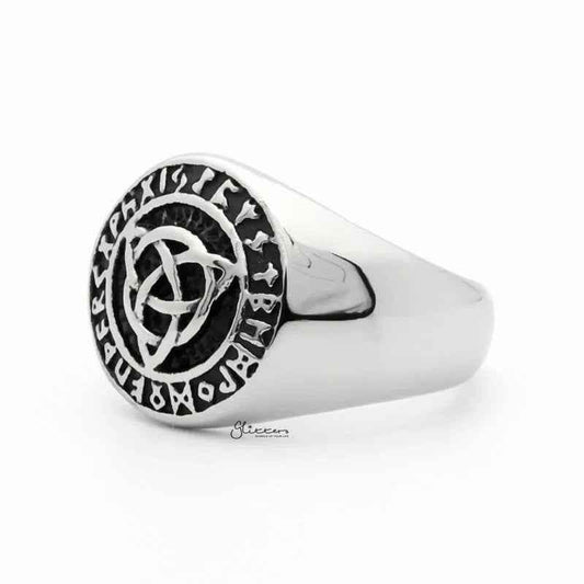 Stainless steel Celtic Trinity Knot Rune Signet Ring with intricate engraved design, crafted by Glitters.