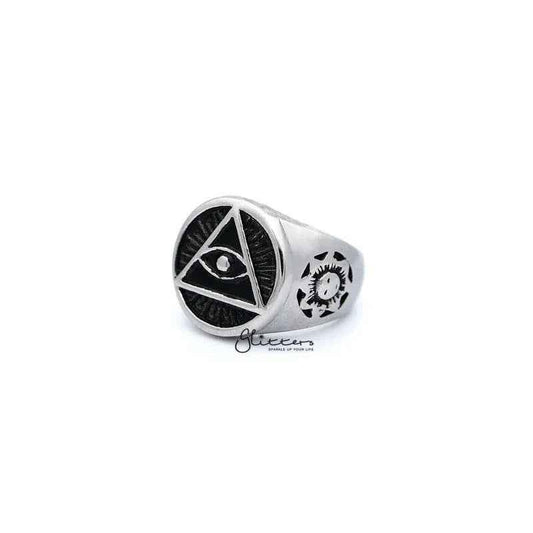 Stainless steel men's ring with All Seeing Eye or Eye of Providence design by Glitters, featuring detailed casting and polished finish.