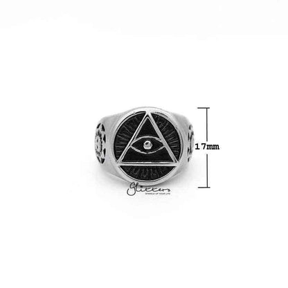 Stainless steel men's ring featuring the All Seeing Eye of Providence design, cast in a sleek and durable style by Glitters.