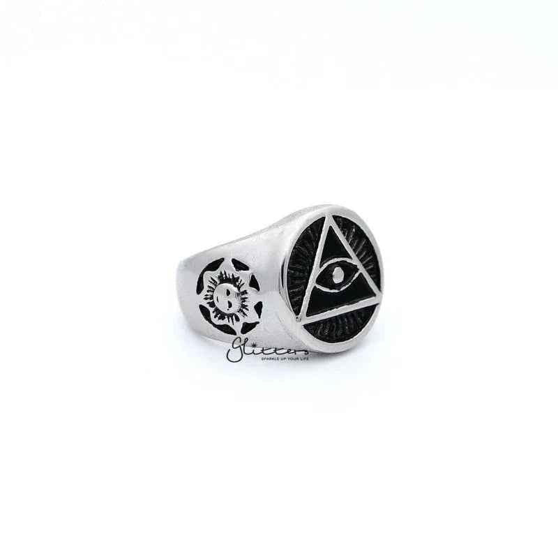 Stainless steel men's ring featuring the All Seeing Eye or Eye of Providence design, crafted by Glitters.